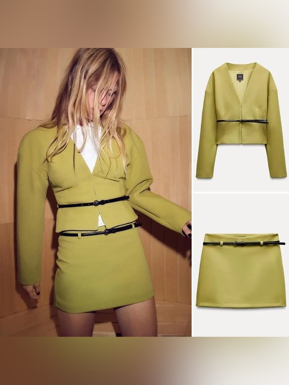 Zara Olive Green Cropped Blazer with Belt Detail